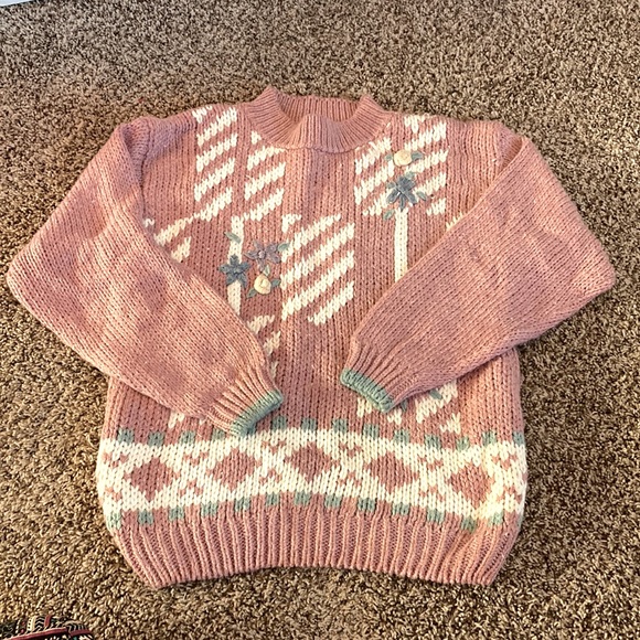 Vintage Sweaters - ▫️Vtg Hand Loomed Floral Chunky Knit Pink Mockneck Sweater